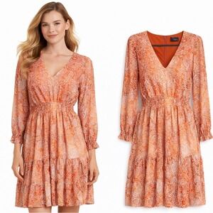 Just Taylor Orange Floral Paisley Smocked Waist Tiered Long Sleeve Dress Size 6